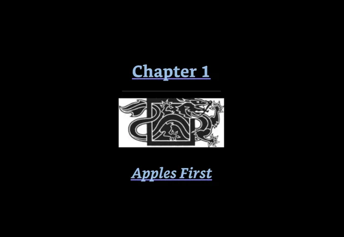 Screenshot of Chapter 1 icon and title, Apples First, the first chapter in Towers of Midnight from the Wheel of Time series. The icon is the dragon icon