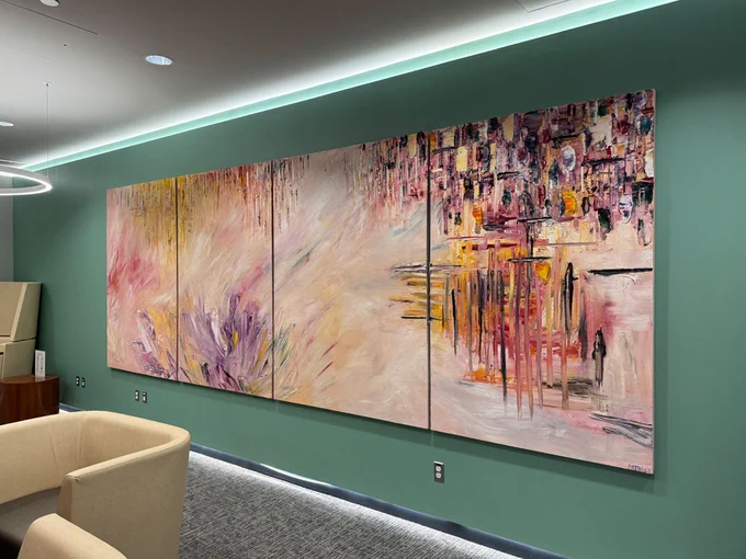 I Believe in You, 2023 is a vibrant 4-piece polyptych (measuring 6 x 16.5 feet) by Patrick John Mills. It adorns a waiting area at Hennick Bridgepoint Hospital.