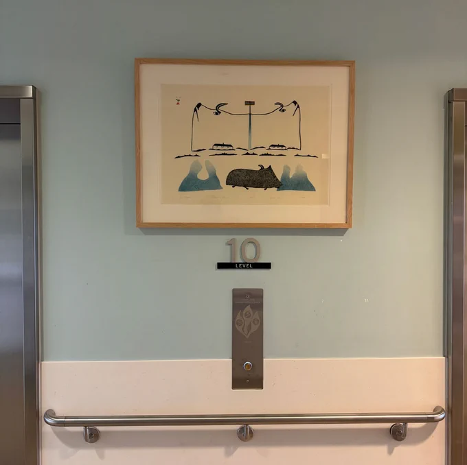 New Horizons, 1987, a stonecut and stencil work on paper by Pudlo Pudlat, makes a striking addition to the wall between elevators at Hennick Bridgepoint Hospital.