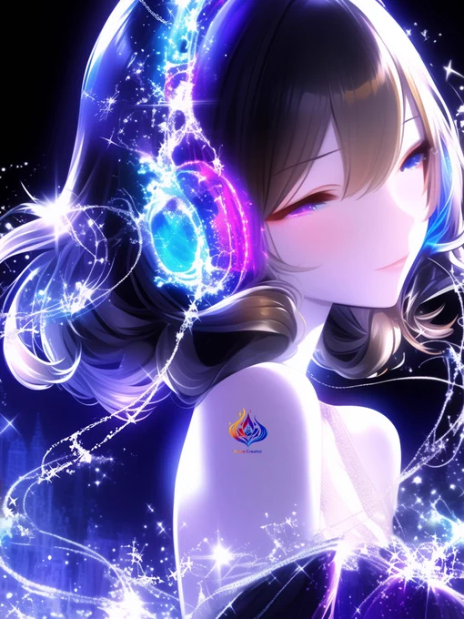 An ethereal AI-generated artwork of Aoba, a lady embodying music as glowing blue and violet particles. Luminous sound waves surround her head like celestial headphones, symbolizing resonance, silence, and spiritual sound in the cosmos.