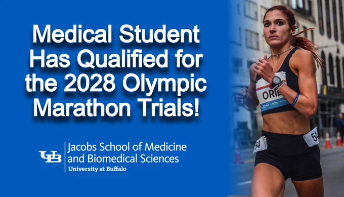 Gabrielle Orie is running on a street near text: "Medical student has qualified for the 2028 Olympic Marathon Trials." The Jacobs School lockup is below.