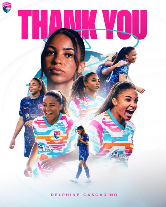 Thank You graphic for Delphine Cascarino featuring photos of her in both Altamar and Del Sol kits. Large pink text on the graphic reads “Thank You Delphine Cascarino” with her signature in light blue over that. 