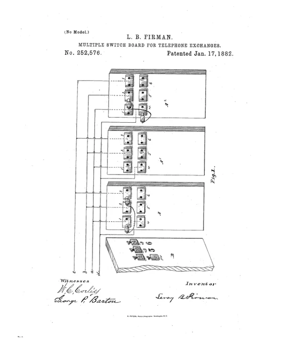 US Patent No 252,576 for a "Multiple switch-board for telephone-exchanges".