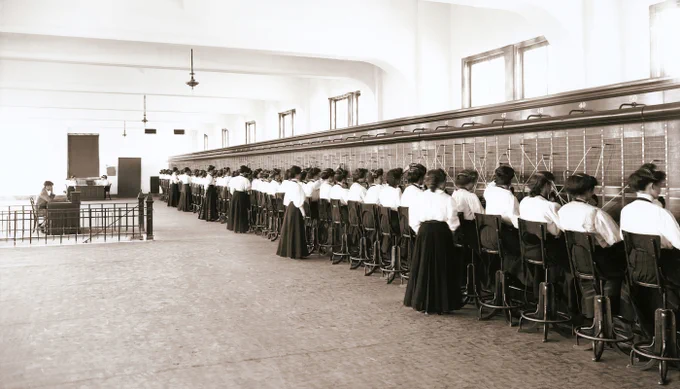 Telephone operators at a switchboard in Salt Lake City, 1907.