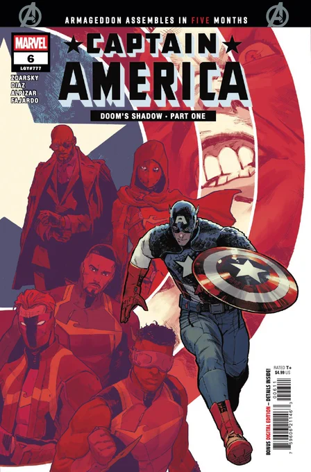 • 'Captain America' (2025) #6.

///

Written by Chip Zdarsky.
Art by Delio Diaz and Frank Alpizar.
Colors by Romulo Fajardo Jr.
Cover by Valerio Schiti.
Cover Colors by Frank Martin Jr.