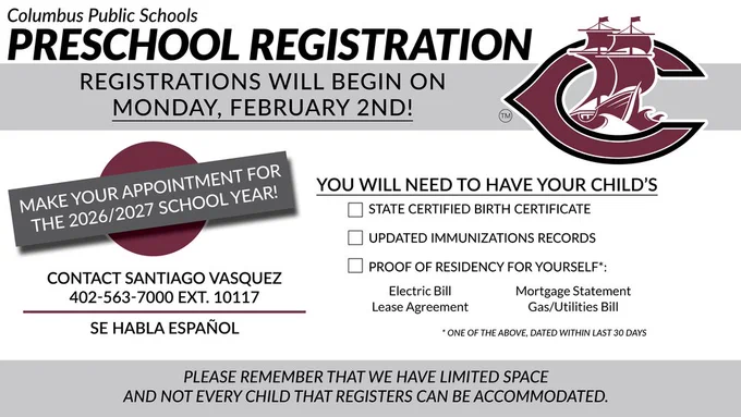 A graphic showing date, time and location of preschool registration at Columbus Public Schools.