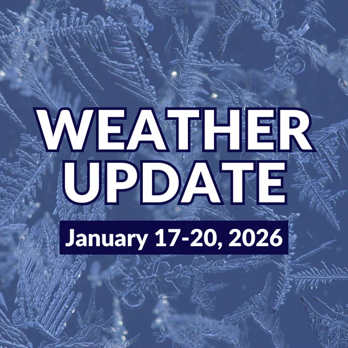 Weather Update January 17-20, 2026 on a frosty blue background with snowflakes.