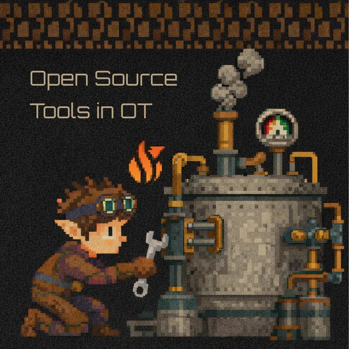 A pixel art illustration showing a steampunk-style engineer character wearing goggles and holding a wrench while kneeling in front of a large industrial machine with pipes, dials, and steam. The text "Open Source Tools in OT" appears in the top left, with the EmberOT flame logo next to the character. The image has a retro, video game-inspired aesthetic, evoking themes of DIY engineering and hands-on operational technology.