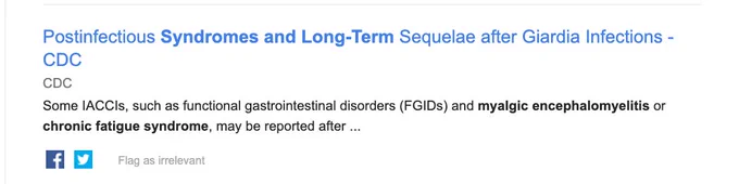 	
Postinfectious Syndromes and Long-Term Sequelae after Giardia Infections - CDC
CDC
Some IACCIs, such as functional gastrointestinal disorders (FGIDs) and myalgic encephalomyelitis or chronic fatigue syndrome, may be reported after ...