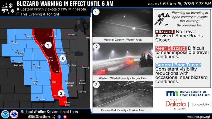 A blizzard warning is now in effect until 6am across the northern Red River Valley. Near blizzard conditions will continue in open country within the central and southern Red River Valley. Expect very difficult to near impossible travel in these areas. Elsewhere, blowing snow and falling snow continue to reduce visibility, occasionally bringing very poor conditions in other areas within eastern North Dakota. Make sure to check road conditions before heading out, and be prepare for these conditions afternoon and evening.
