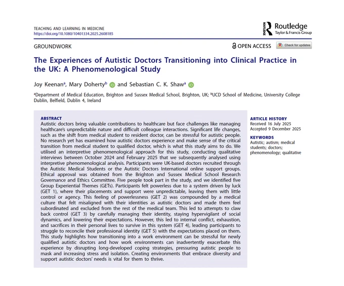 A screenshot of the top of the article, showing the title ("The Experiences of Autistic Doctors Transitioning into Clinical Practice in the UK: A Phenomenological Study"), authors, and abstract