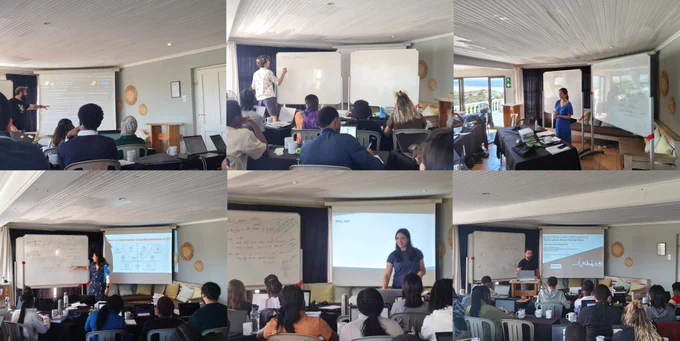 A collage showing six Imbizo mentors teaching their tutorials: Spiros Chavlis on Python and LIF models, Will Dorrell on neural computation, Kira Düsterwald on Probability Theory, Isabel Cornacchia on Dynamical Systems, Colleen Gillon on Reinforcement Learning, and Rubén Herzog on Information Theory.