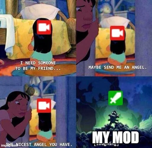 A Lilo and Stitch meme making fun of mods