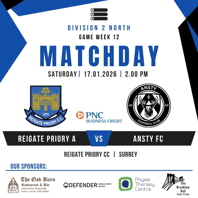 Division 2 North. Matchday. Reigate Priory A vs Ansty FC. Surrey.