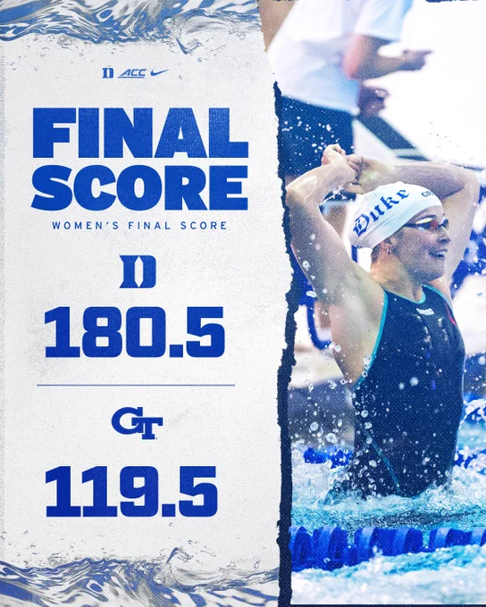 Final score graphic of Duke women's swimming and diving team defeating Georgia Tech 180.5 to 119.5 at Taishoff Aquatics Pavilion, featuring Tatum Wall.