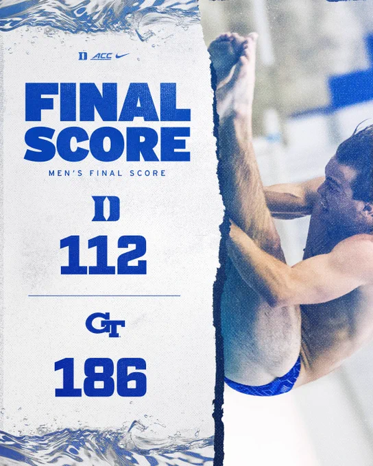 Final score graphic of Duke men’s swimming and diving vs. Georgia Tech, a 186–112 loss at Taishoff Aquatics Pavilion, featuring Evan Brown.
