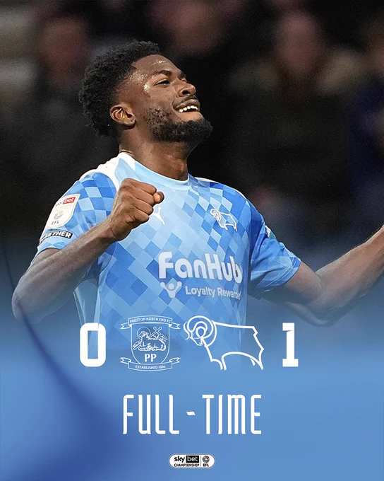 Full-time: Preston North End 0-1 Derby County.
Graphic including an image of goalscorer Patrick Agyemang against Preston North End.