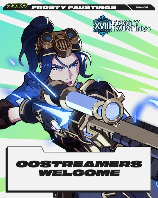 Caitlyn aims down the barrel of her rifle behind text thats reads: "Frosty Fausters Costreamers Welcome"
