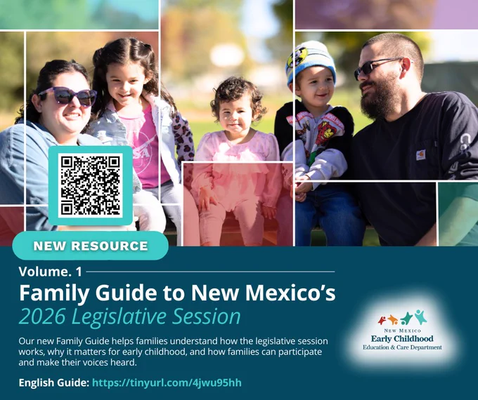 Family of five sitting outdoors enjoying a sunny day, promoting New Mexico's 2026 legislative session family guide.