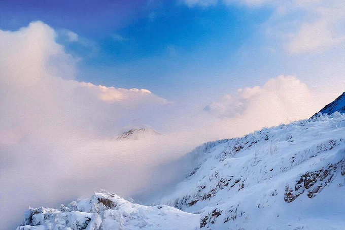 Winter snow-covered Appalachian Mountains with soft clouds and deep blue sky near Grandfather Mountain in the Blue Ridge Mountains of North Carolina.   From the Fine Art Gallery of Shelia Hunt at Shelia-Hunt.pixels.com
