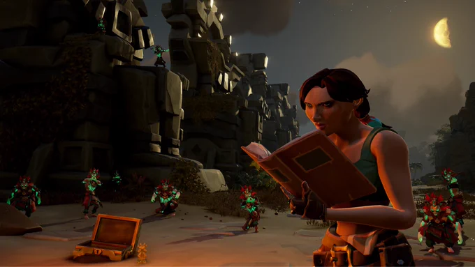 Screenshot of Sea of Thieves Shores of Gold statues, with a pirate dressed as Lara Croft in the foreground studying a book, and ancients amassing quietly behind her in the moonlight