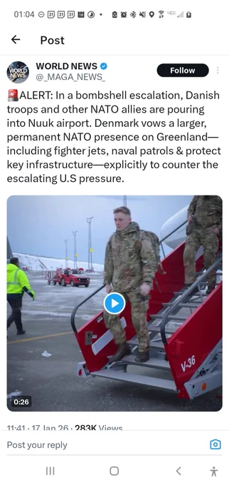 🚨ALERT: In a bombshell escalation, Danish troops and other NATO allies are pouring into Nuuk airport. Denmark vows a larger, permanent NATO presence on Greenland—including fighter jets, naval patrols & protect key infrastructure—explicitly to counter the escalating U.S pressure.
--WORLD NEWS @_MAGA_NEWS_
https://x.com/_MAGA_NEWS_/status/2012565838885494919?t=RvDGYoIOwDoqhKoO8Oe5kw&s=19