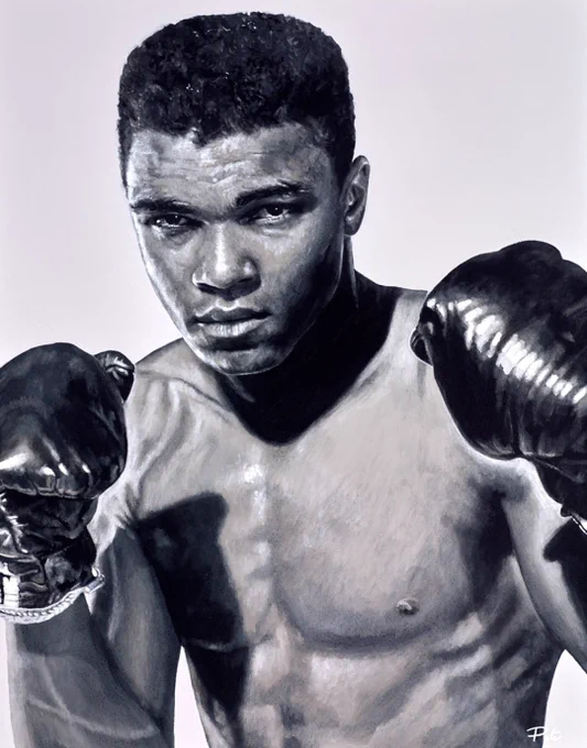 Painting of Muhammad Ali by Pete Humphreys artist represented by Clarendon fine art.
