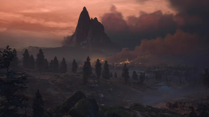 Eine weite Landschaftsaufnahme, dominiert von einem massiven, spitzen Felsberg in der Bildmitte, der in tiefhängende Wolken ragt. Der Himmel leuchtet in einem unheimlichen Orange-Rot, was auf Sonnenuntergang oder Feuer hindeutet. Im Tal unterhalb des Berges brennt eine Siedlung; Flammen und dichter Rauch steigen von den Gebäuden (möglicherweise einer Kirche) auf. Im Vordergrund stehen dunkle Nadelbäume auf hügeligem, felsigem Gelände.