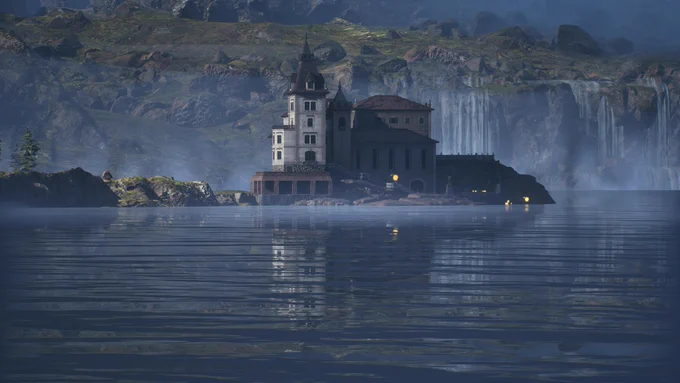 Das Anwesen am See
​Ein großes, mehrstöckiges Gebäude im europäischen Stil (ähnlich einer Villa oder einem kleinen Schloss) steht direkt am Ufer eines ruhigen Sees. Das Gebäude hat helle Wände, dunkle Dächer und einen turmartigen Anbau. Im Hintergrund ragen steile, felsige Klippen auf, von denen mehrere Wasserfälle herabstürzen. Nebel schwebt über der Wasseroberfläche und verleiht der Szene eine mystische, aber ruhige Stimmung im Gegensatz zu den anderen Bildern.