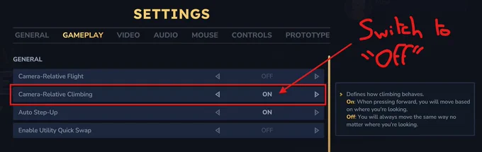 A screenshot of the settings menu in Hytale that shows a setting called "Camera-Relative Climbing" that can be turned off.