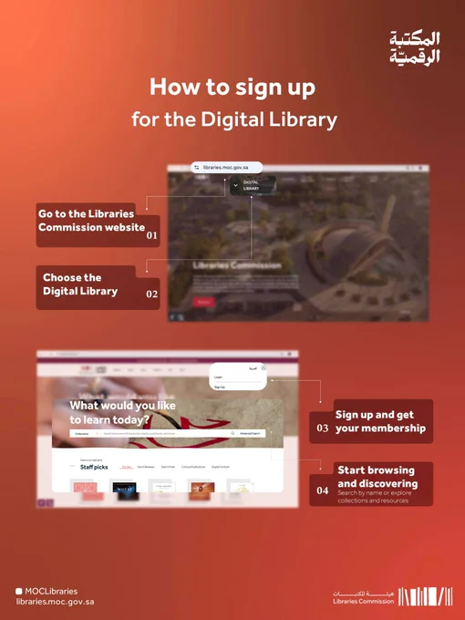 Getting your resources just got easier 🌐 📖
Sign up for the #Digital_Library and enjoy the ride!

Join us 🔗
https://sldp.moc.gov.sa

#LibrariesCommission