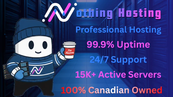 Mascot holding a coffee and servers in a data center with 'Nothing Hosting' text and 99.9% uptime stats.