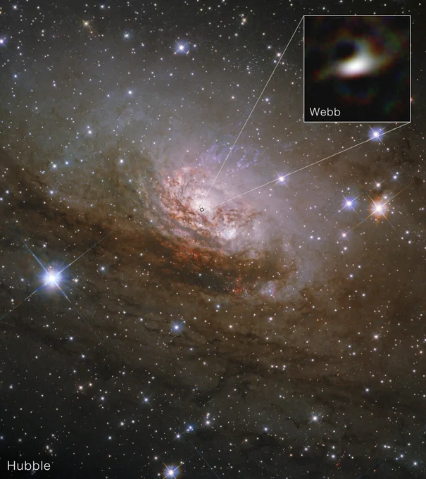 This image from the NASA/ESA Hubble Space Telescope shows a full view of the Circinus galaxy, a nearby spiral galaxy about 13 million light-years away. The inset highlights a close-up from Webb of the galaxy’s core, where infrared observations pierce through dust to reveal hot material feeding its central supermassive black hole. Webb’s image, made using the Aperture Masking Interferometer (AMI) tool on its NIRISS (Near-Infrared Imager and Slitless Spectrograph) instrument, isolates hot dust in the immediate surroundings of the supermassive black hole, revealing that most of the infrared emission comes from a compact, dusty structure feeding the black hole rather than from outflowing material. In the Webb image, the inner face of the torus glows in infrared light, while the darker areas represent where the outer ring is blocking light.