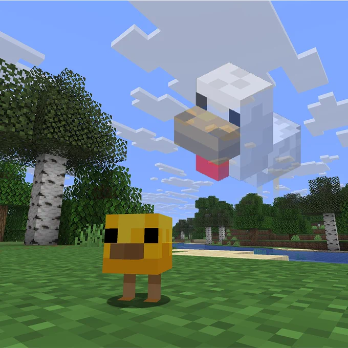 Image of a baby chick standing on some grass looking at the viewer with the old model of the baby chicken in the sky behind them, slightly faded out.