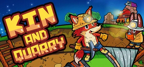 Kin and Quarry logo with a fox miner in a mining helmet standing on a drill while a rabbit and mole work in the background