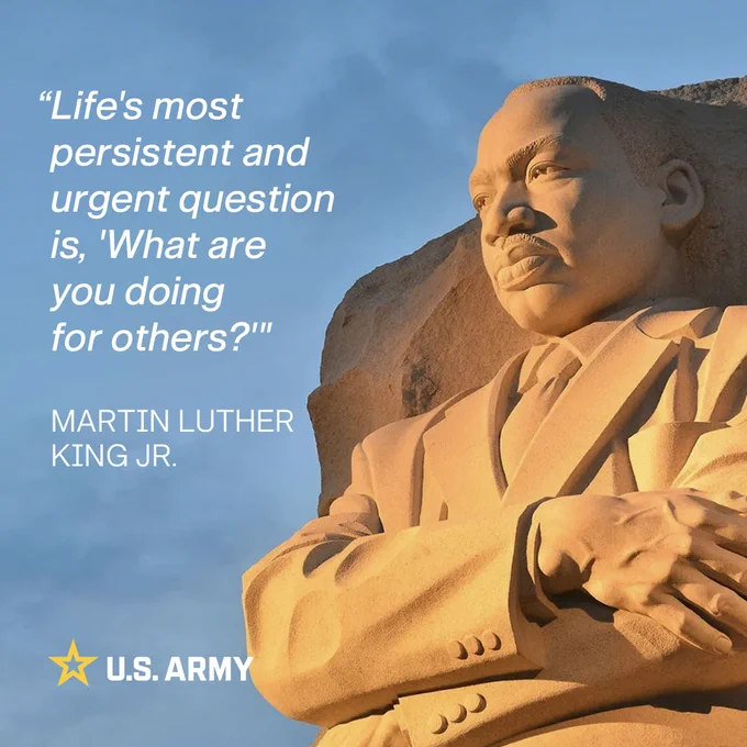 Photo of MLK Jr. memorial with the quote "Life's most persistent and urgent question is, what are you doing for others?