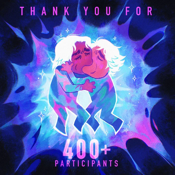 Text: Thank you for 400  participants
Image: Jayce and Viktor from the TV show Arcane making out sloppy style in the arcane realm