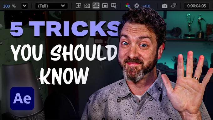 Kyle Hamrick in his studio, holding up 5 fingers. The text says "5 tricks you should know" alongside the After Effects logo.