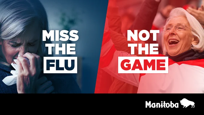 Side by side image of a sick person and a person at at a sport game. Caption: Miss the flu. Not the game.