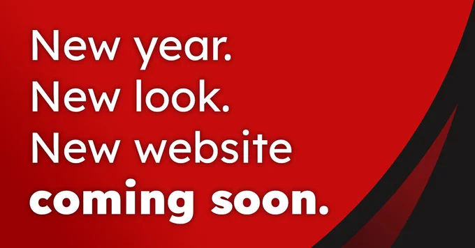 Promotional graphic featuring a red background with black curved design on the right. Text reads 'New year. New look. New website coming soon.'