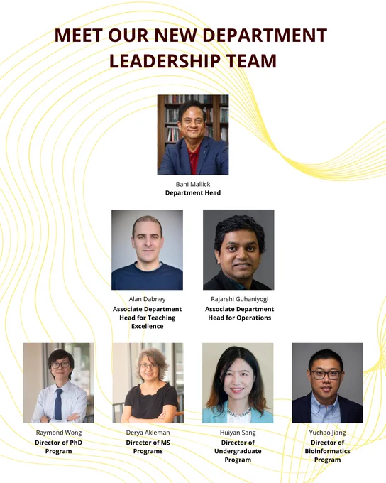 A graphic titled “Meet Our New Department Leadership Team” featuring portraits of the Statistics Department’s leadership. At the top is Bani Mallick, Department Head. Below are Alan Dabney, Associate Department Head for Teaching Excellence, and Rajarshi Guhaniyogi, Associate Department Head for Operations. Along the bottom row are Raymond Wong, Director of the PhD Program; Derya Akleman, Director of MS Programs; Huiyan Sang, Director of the Undergraduate Program; and Yuchao Jiang, Director of the Bioinformatics Program.