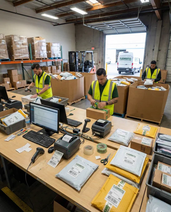 FlashRoutes warehouse team labeling mixed parcels; FlashRoutes van at the loading dock, preparing deliveries for Metro Vancouver.