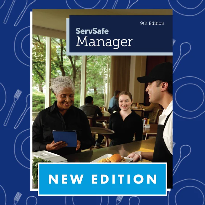 Cover of the ServSafe Manager 9th Edition textbook featuring a restaurant manager holding a tablet and interacting with two staff members in a dining area.