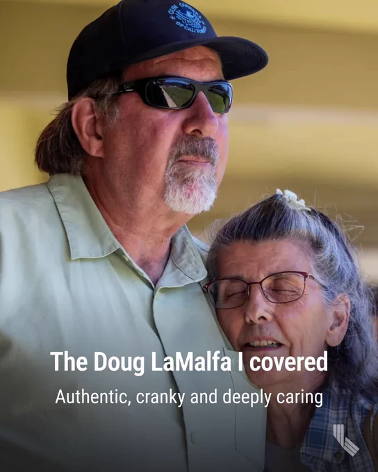 Lori Franz, 71, of Canyon Dam, hugs U.S. Rep. Doug LaMalfa following a town hall meeting in Greenville on July 16, 2022. Franz said her home burned down in the Dixie Fire. Photo by Francine Orr, Los Angeles Times via Getty Images. Hed: The Doug LaMalfa I covered: Authentic, cranky and deeply caring