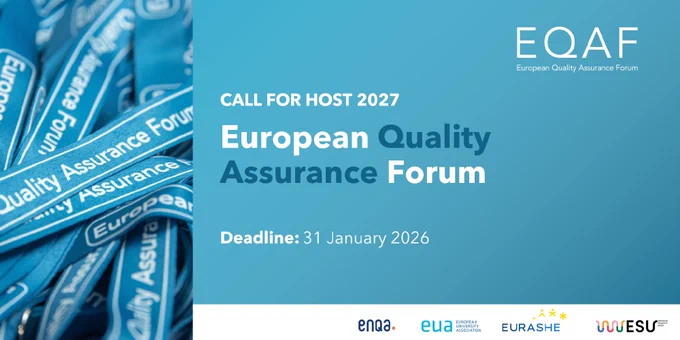 Promotional image for the European Quality Assurance Forum, featuring an array of conference lanyards and text announcing a "Call for Host 2027" with a deadline of January 31, 2026. The logos of ENQA, EUA, EURASHE, and ESU are displayed.