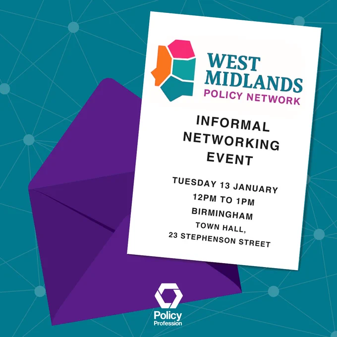 Invitation card for West Midlands Policy Network informal event on January 13, 12-1 PM at Birmingham Town Hall, 23 Stephenson Street.