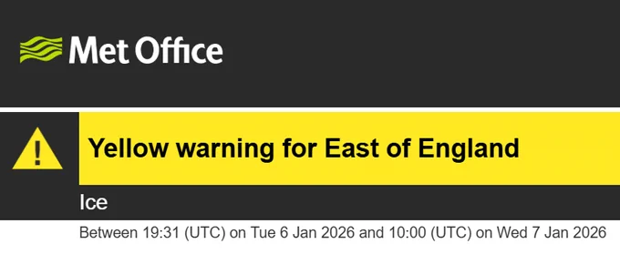 Met Office logo and Ice on black background and the words Yellow warning for East of England on a yellow background.
