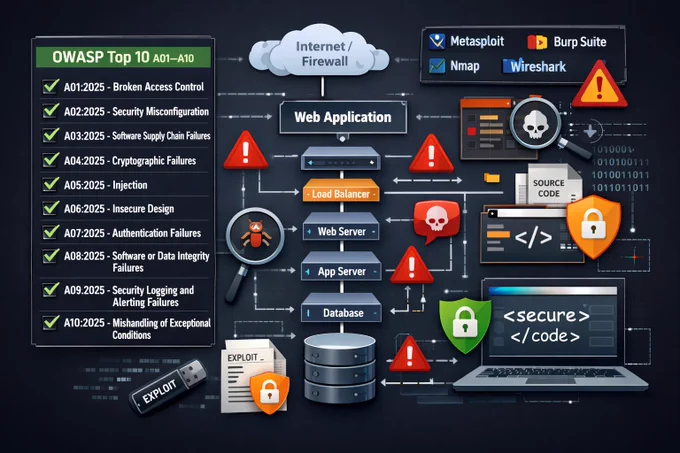 Web application penetration testing checklist mapped to OWASP Top 10 vulnerabilities for 2026 security assessments.