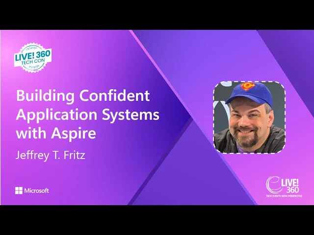 spot art.
Photo of presenter(s).
text reads: VSLive 360. Building Confident Application Systems with Aspire
