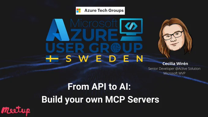 A event banner of Azure User Group Sweden, event about building own MCP Servers
